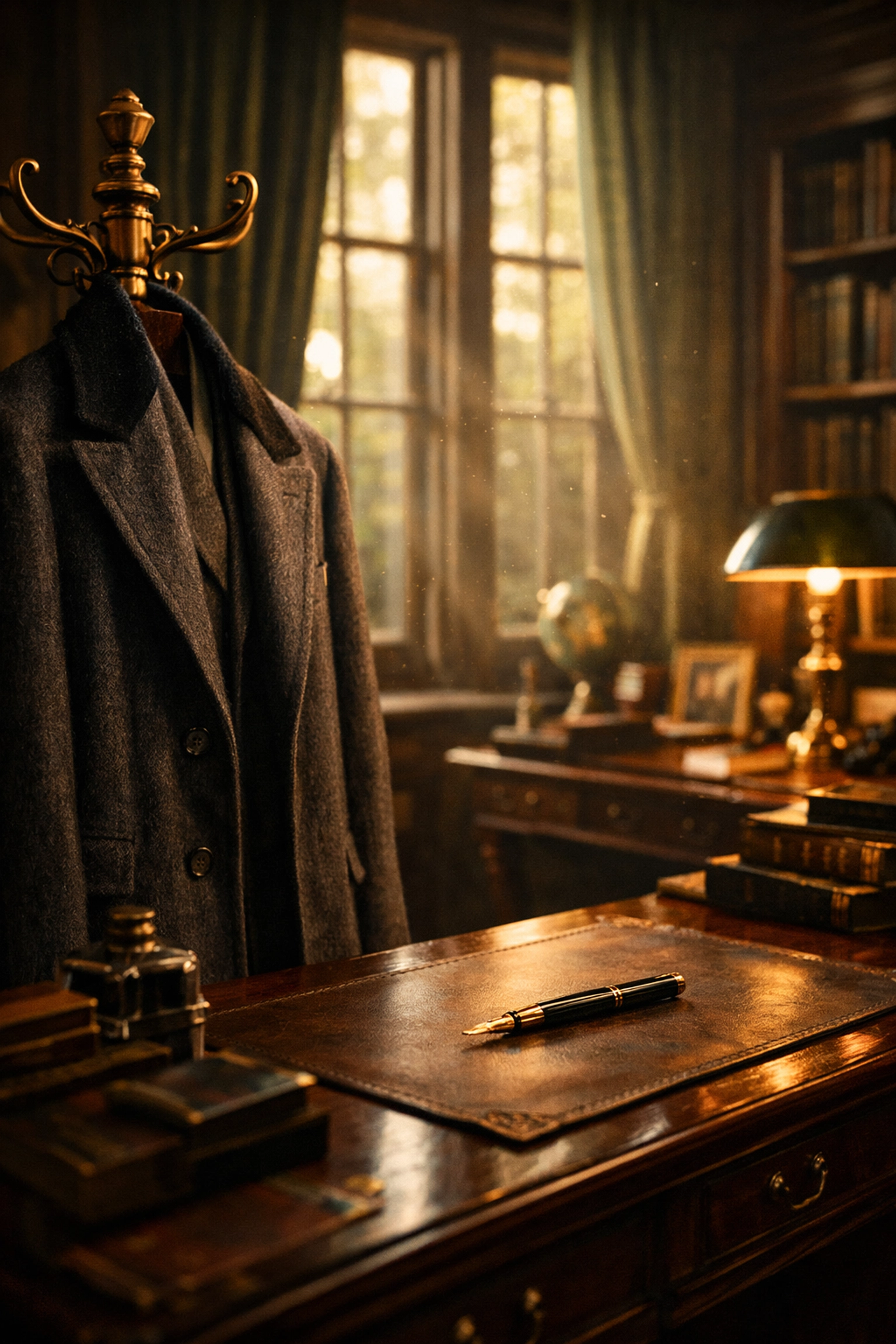 Southern gentleman's study with bespoke topcoat displaying old money aesthetic and tradition