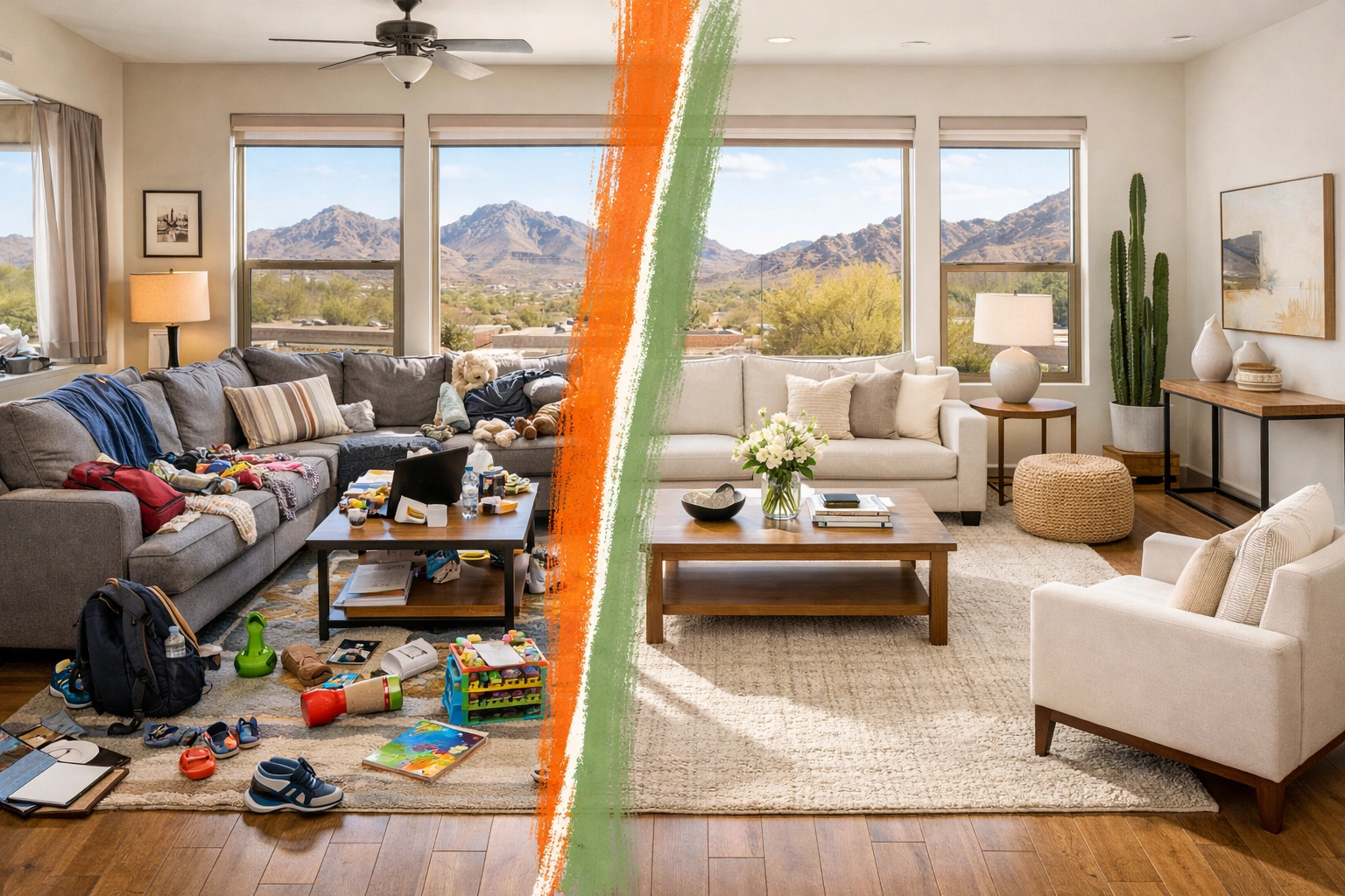 Before and after staging comparison showing Arizona home selling benefits after moving out Before and after staging comparison showing Arizona home selling benefits after moving out