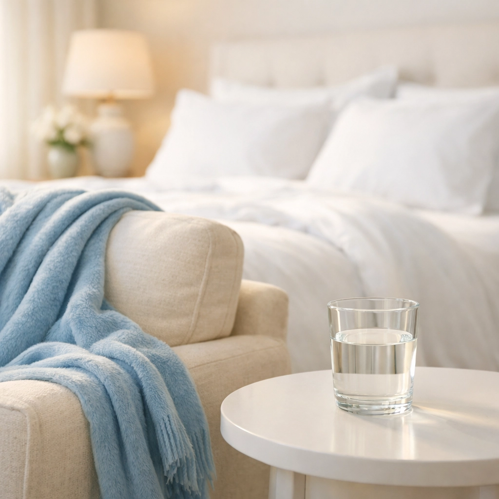 Serene master bedroom reading nook following a professional deep cleaning in a beautiful Wenham home.