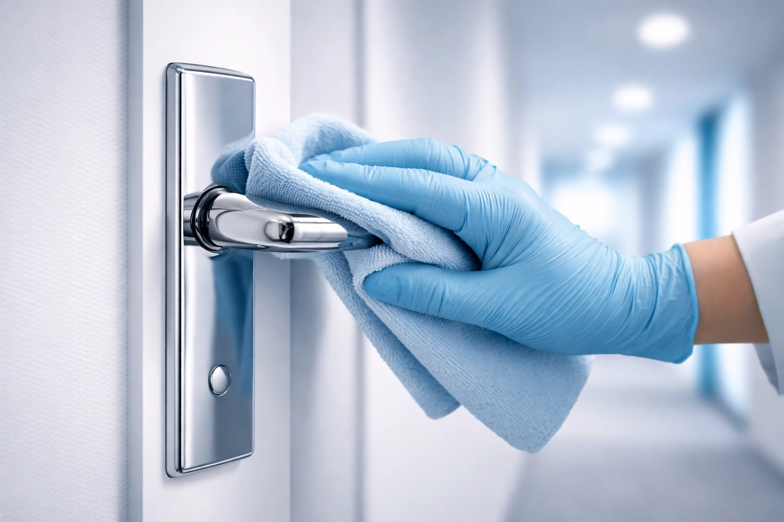 Professional cleaner disinfecting a chrome door handle in an office corridor, highlighting hygiene on high-touch surfaces.