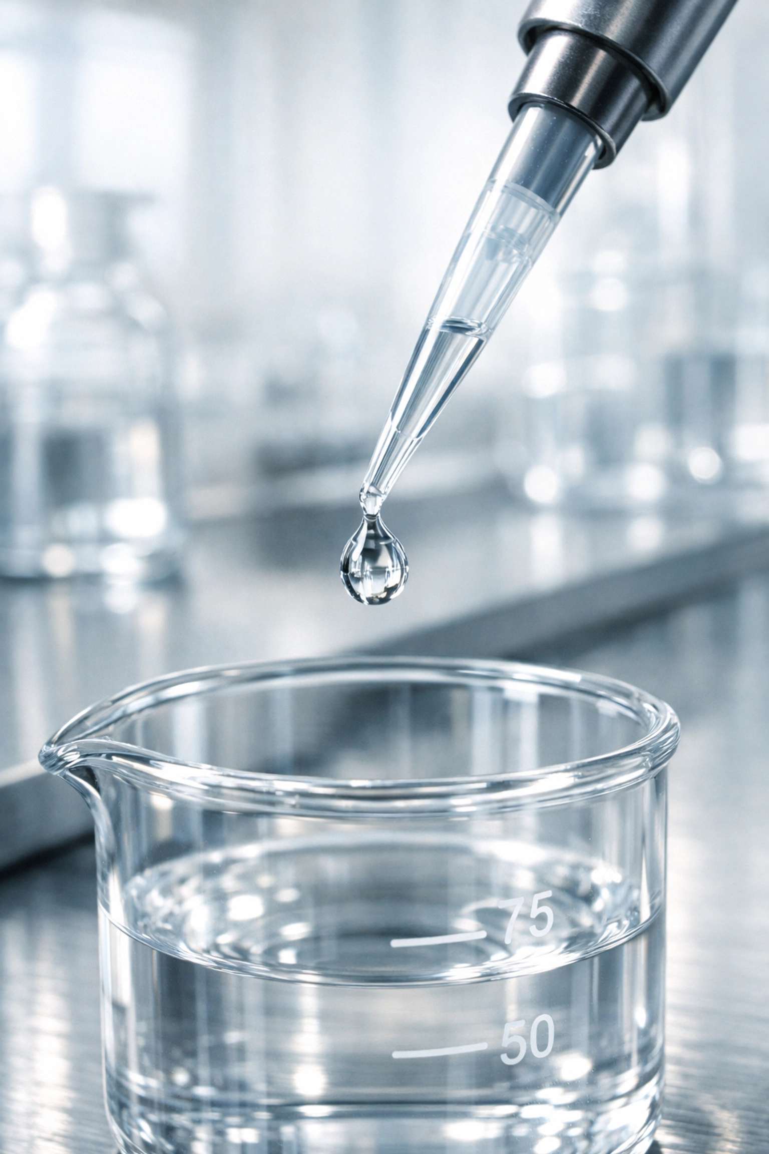 A precision laboratory pipette capturing a crystal clear droplet for peptide reconstitution.