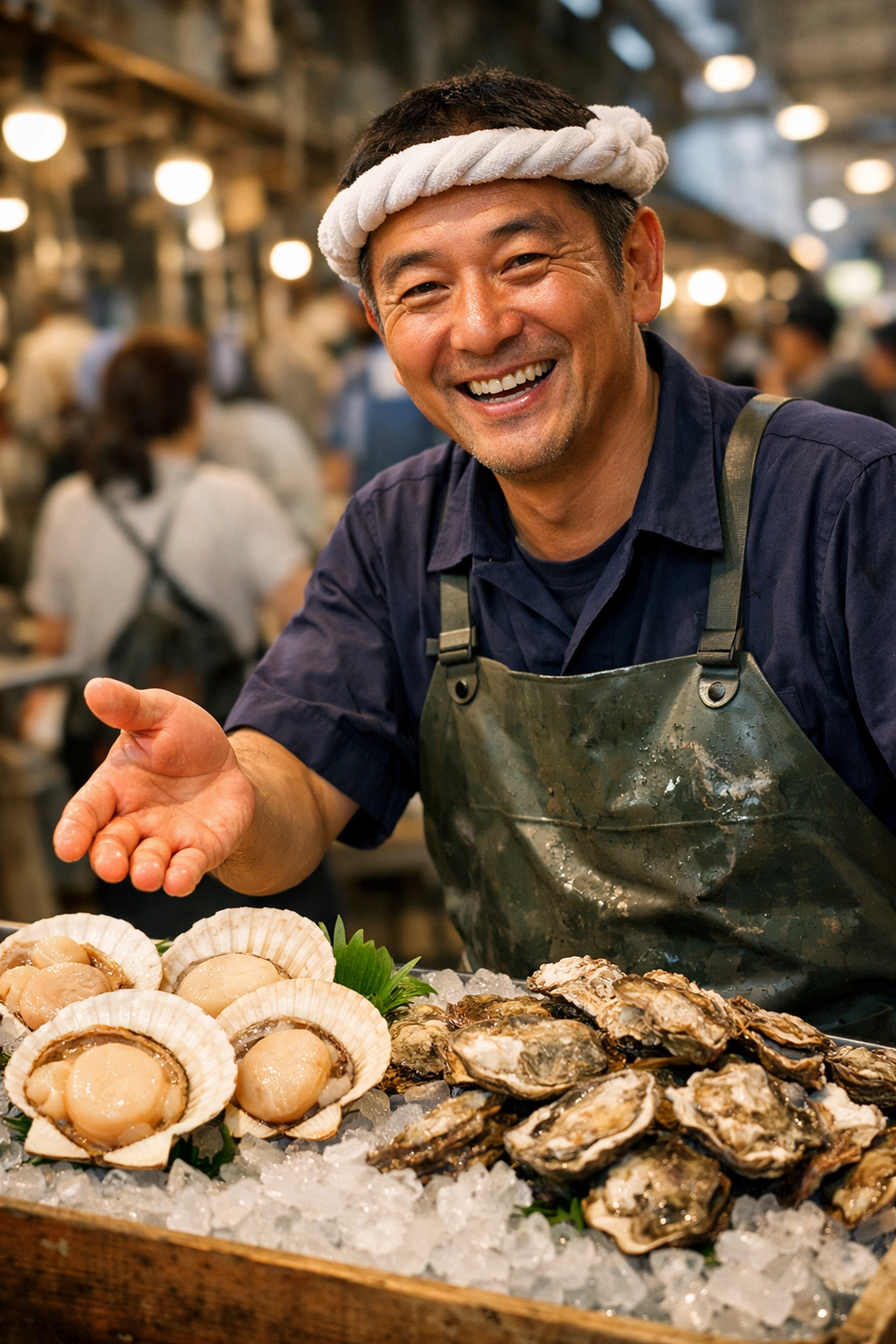 A friendly Tsukiji fishmonger displaying fresh scallops and oysters on ice in Tokyo.