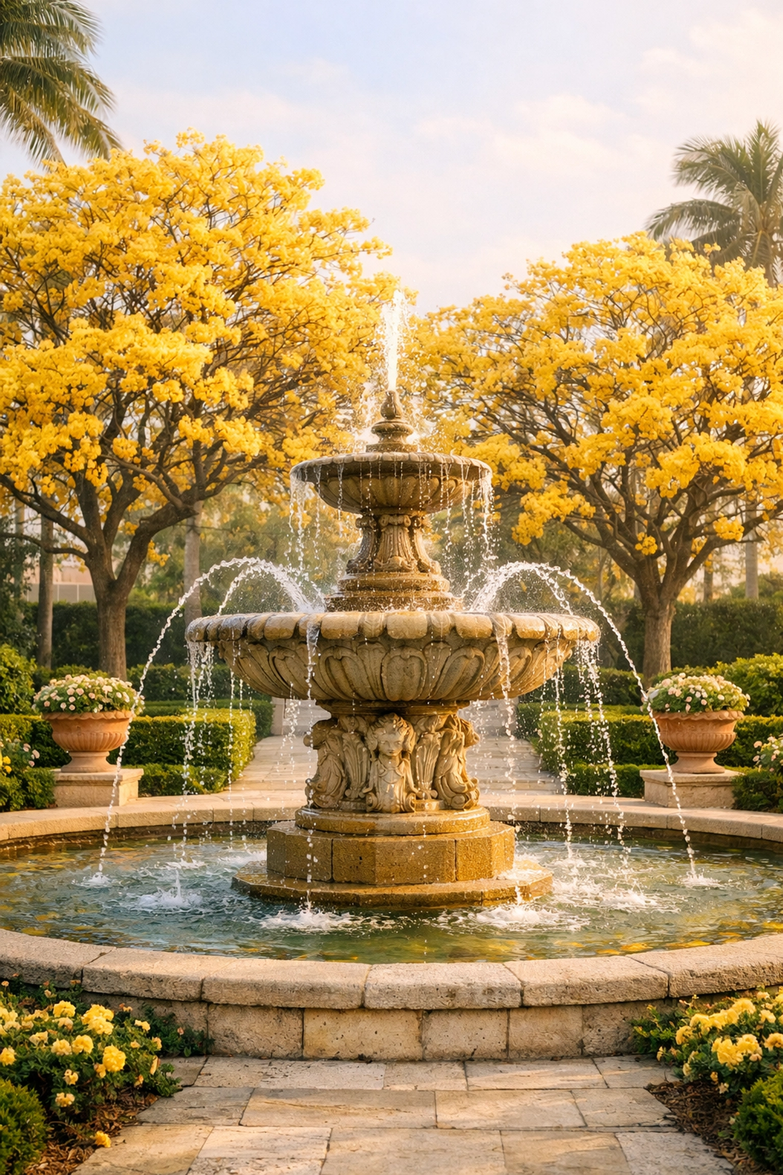 Stone fountain and yellow blooming trees at Bradley Park, a scenic photo spot near me for travel portfolios.