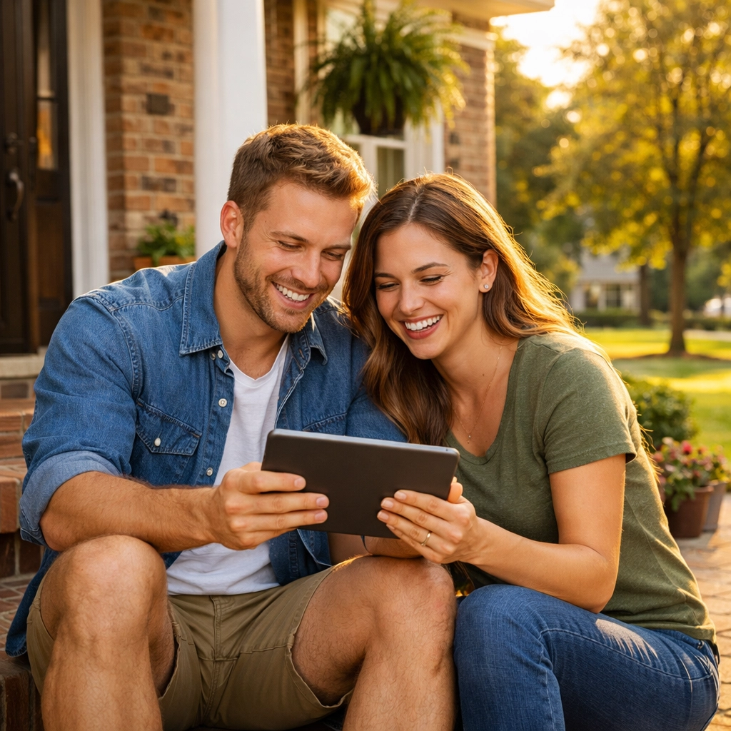 Happy North Carolina couple on home steps reviewing mortgage savings on a tablet.