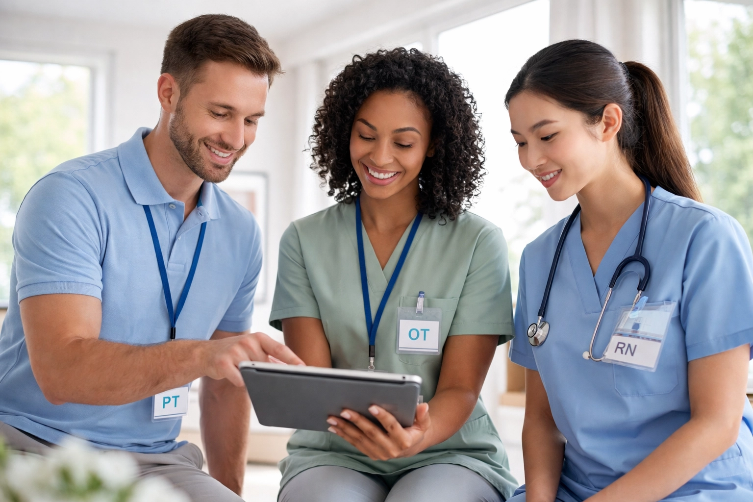A diverse group of home health clinicians collaborate together over a tablet in a modern home setting for effective patient care.