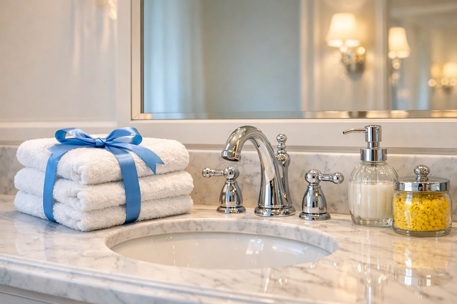 Sparkling clean guest bathroom vanity with fresh towels and marble counters in a Groton MA home.
