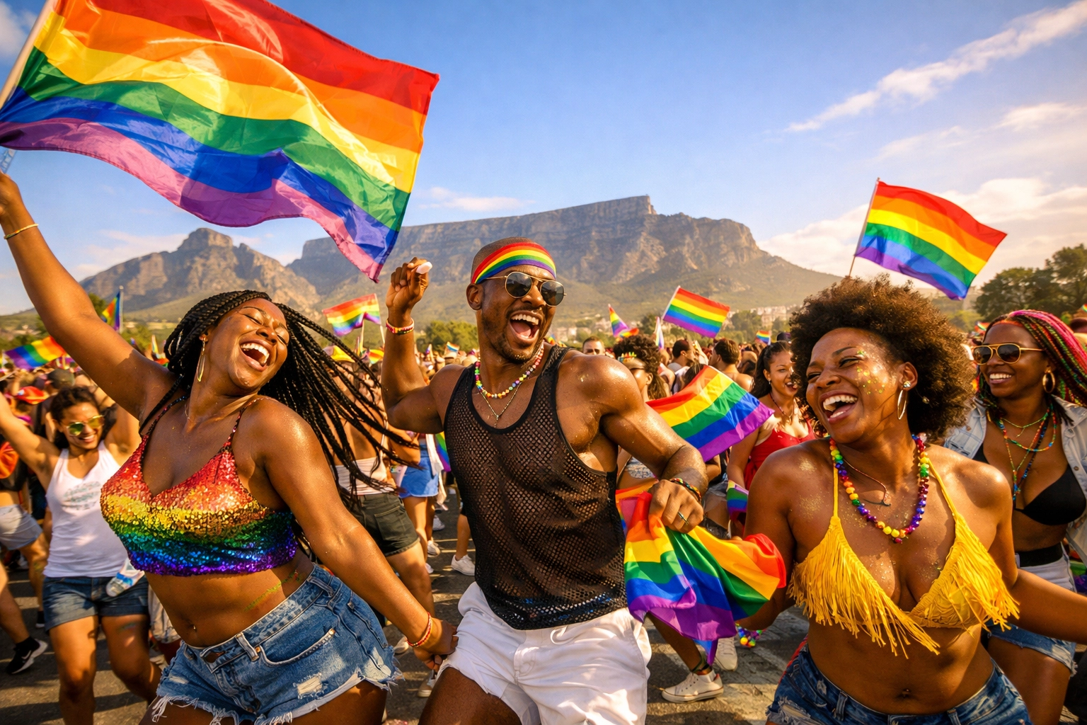 Cape Town Pride celebration with Black LGBTQ+ community dancing under Table Mountain