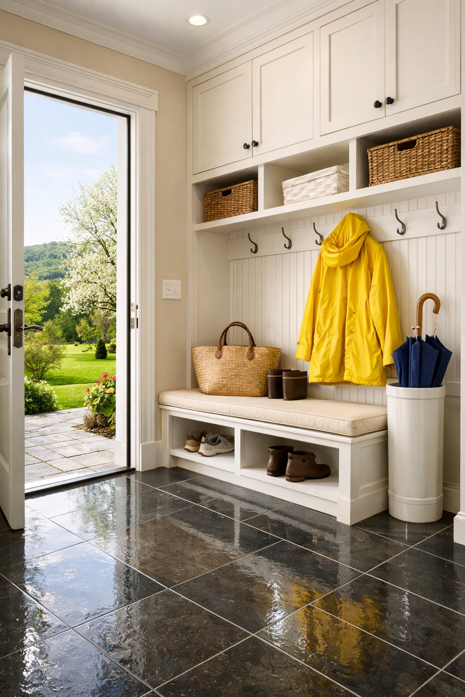 Spotless luxury mudroom showcasing seasonal house cleaning Ashby MA results for a tidy entryway.