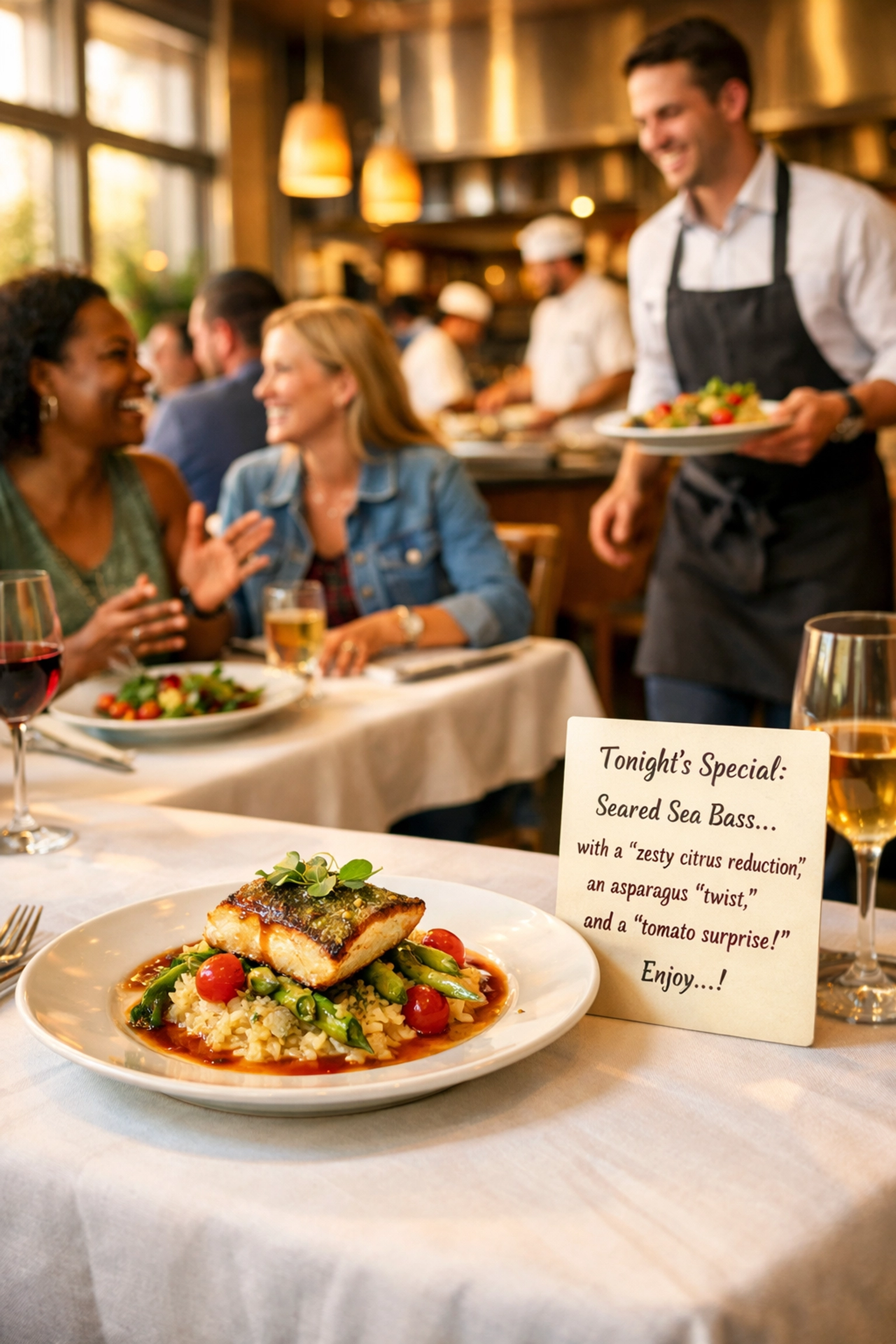 Diners engaged in conversation at restaurant with menu featuring creative brand voice copywriting