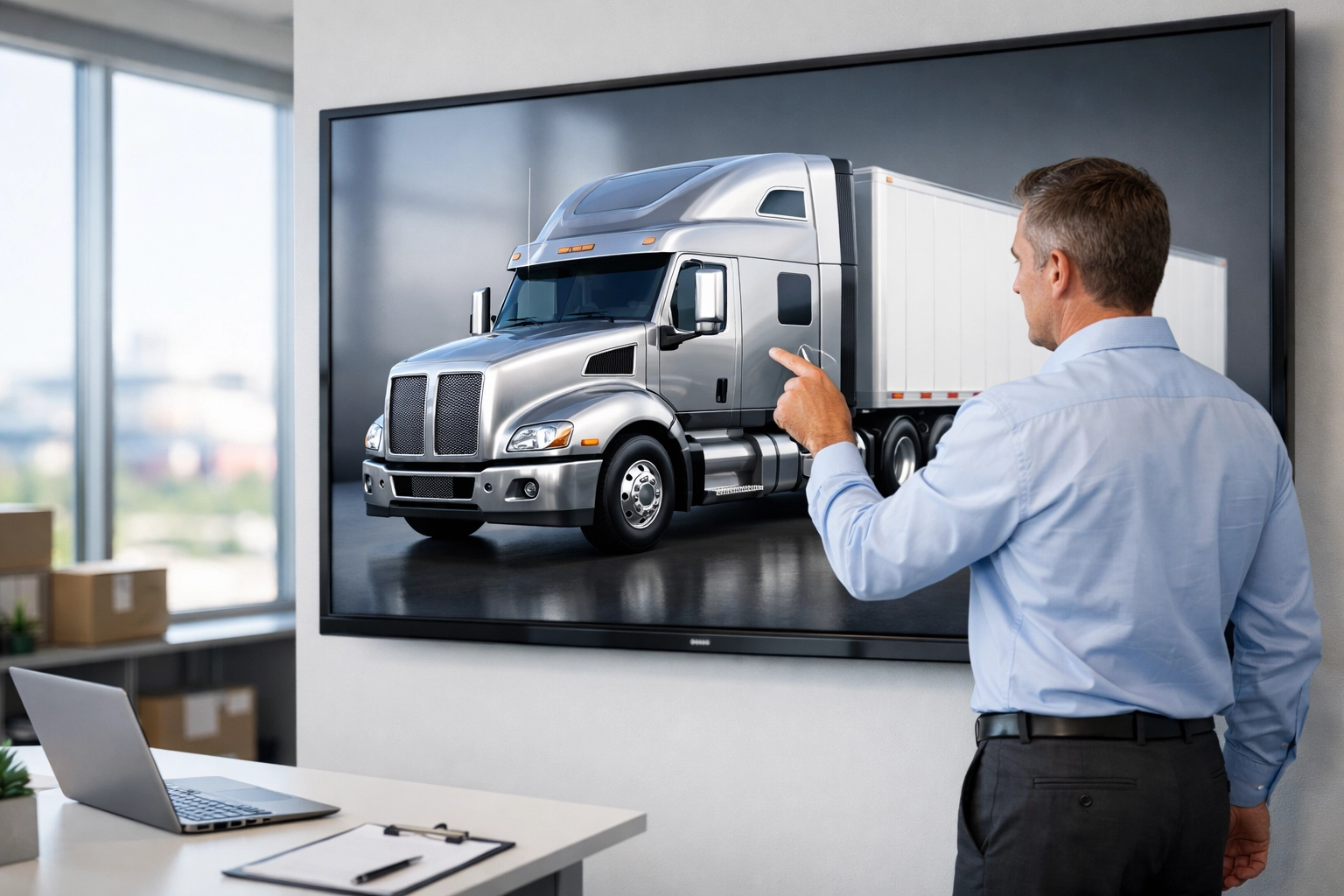 Logistics manager using a touchscreen for a virtual vehicle tour of a commercial truck in a modern office.