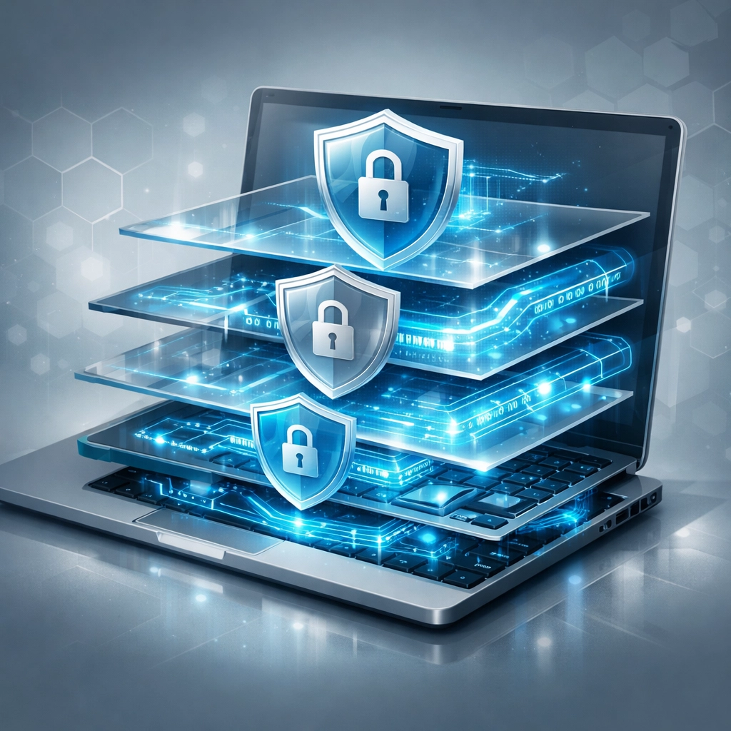 Data encryption layers protecting business laptop with secure network tunnels and shields