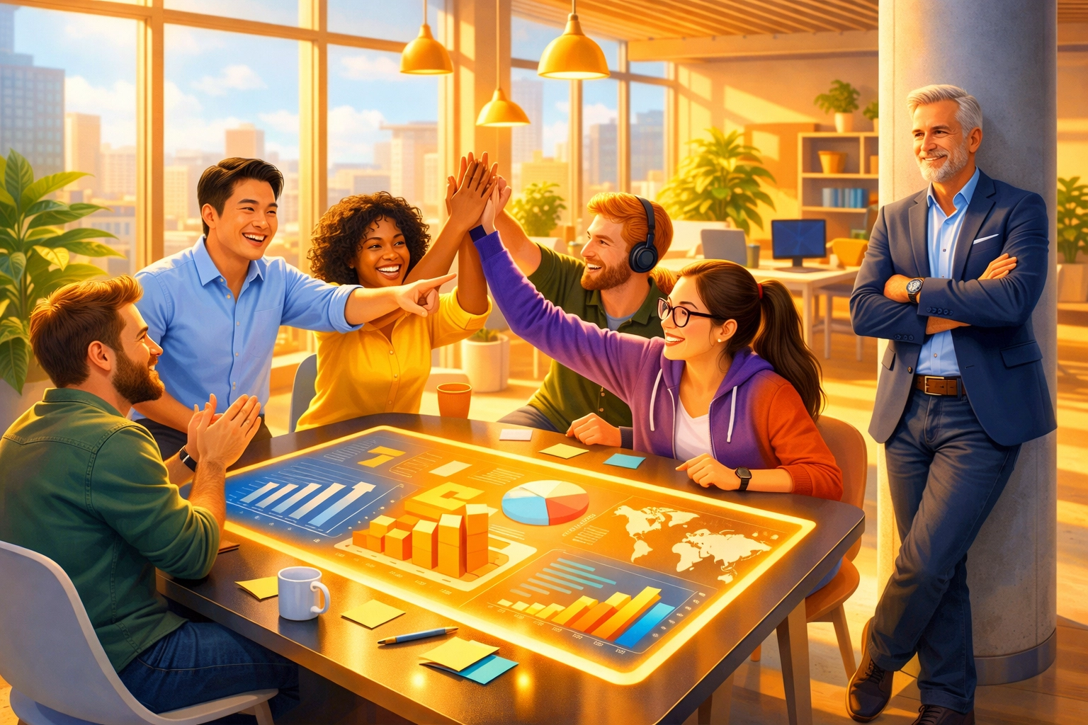 A high-performing team collaborating, showing how to scale a business by unlocking team potential.