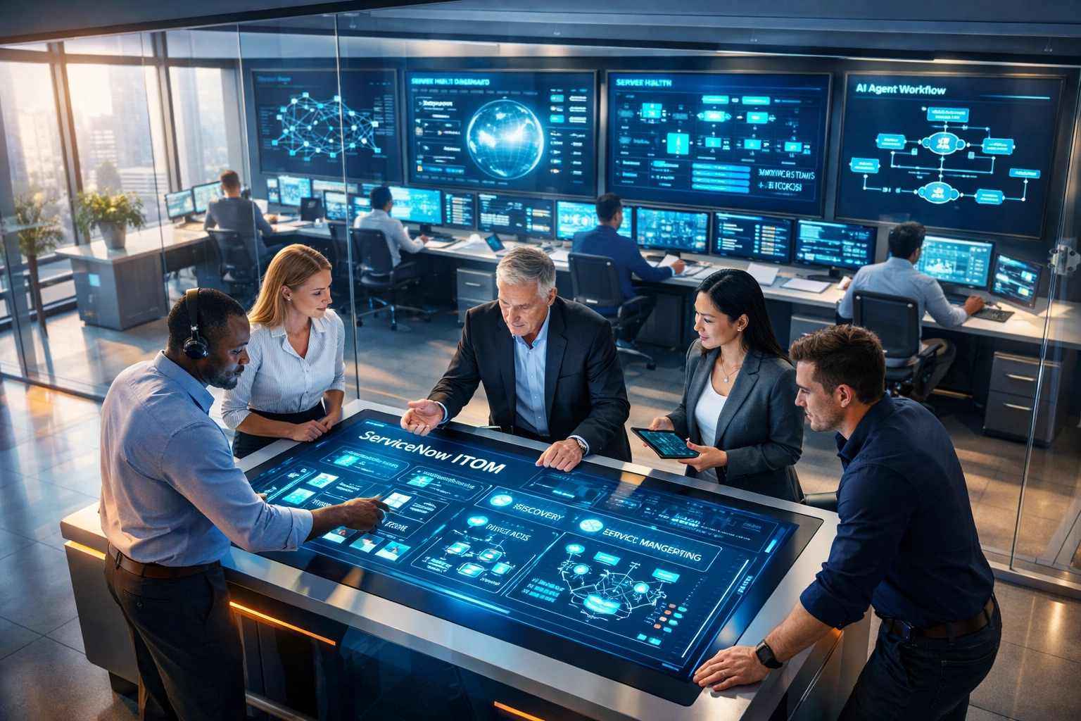 ServiceNow ITOM implementation team collaborating in modern IT operations center