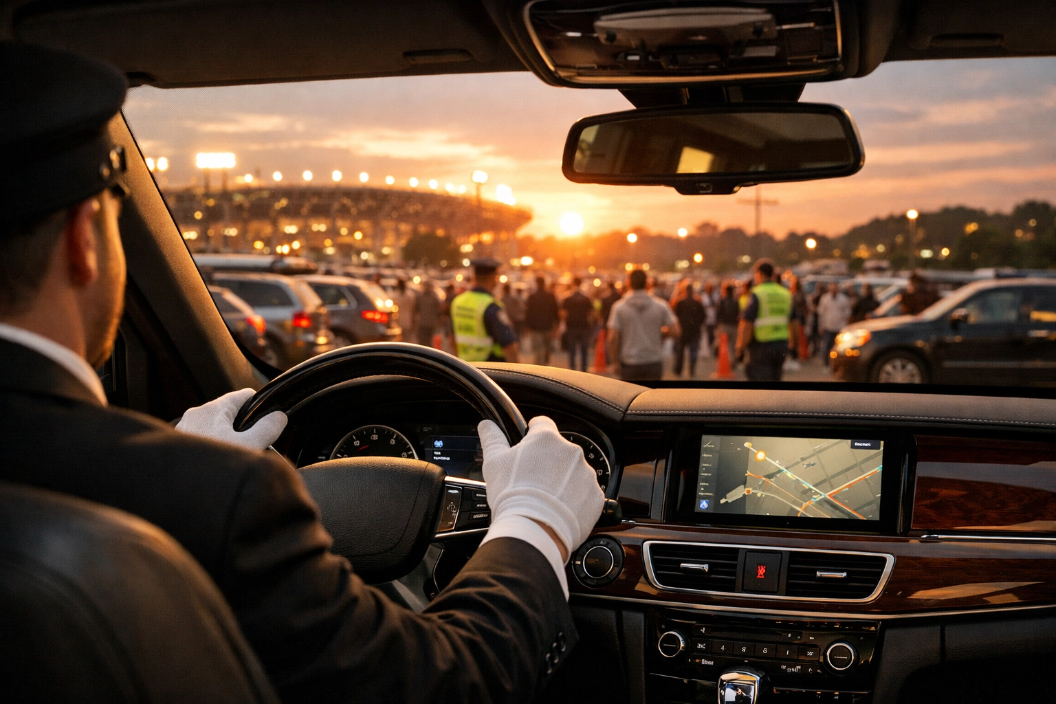 Executive ground transportation navigating Super Bowl stadium parking with professional chauffeur