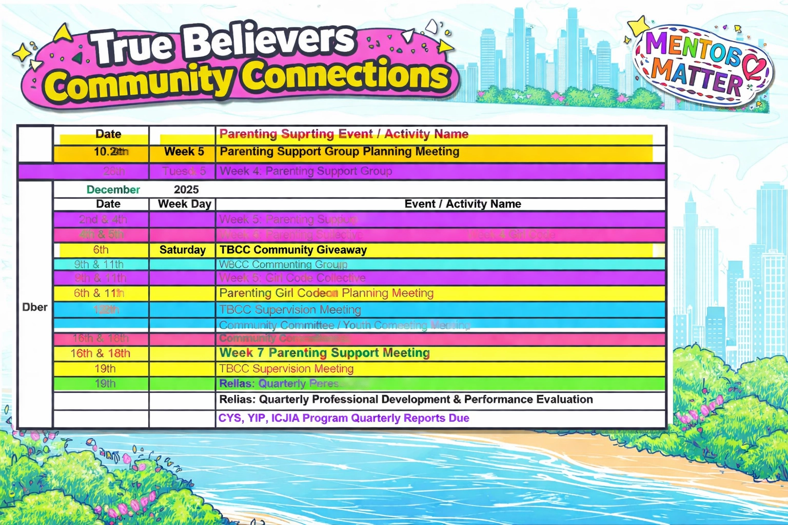 December 2025 TBCC Activities Calendar