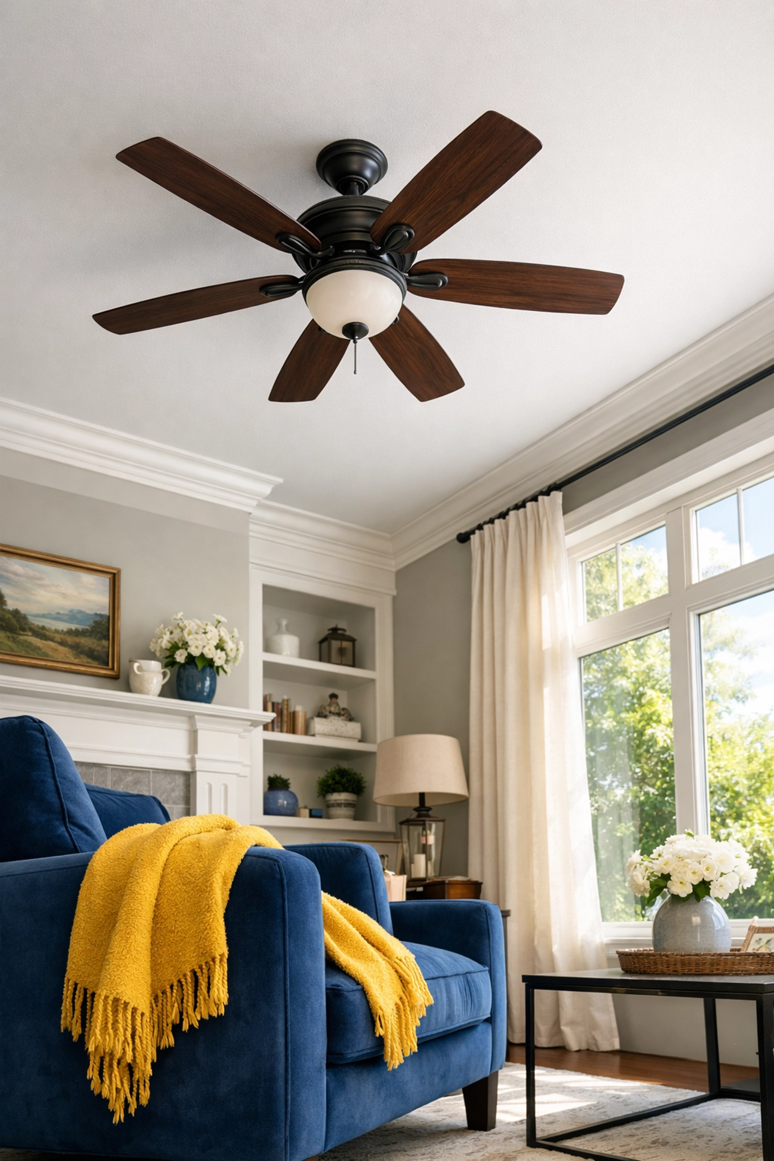 Dust-free ceiling fan and crown molding in a clean, allergen-free Harvard, MA living room.