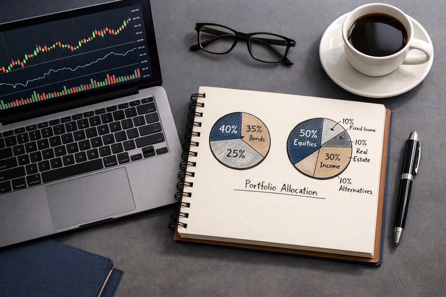 Investment portfolio allocation planning with financial charts and pie chart percentages