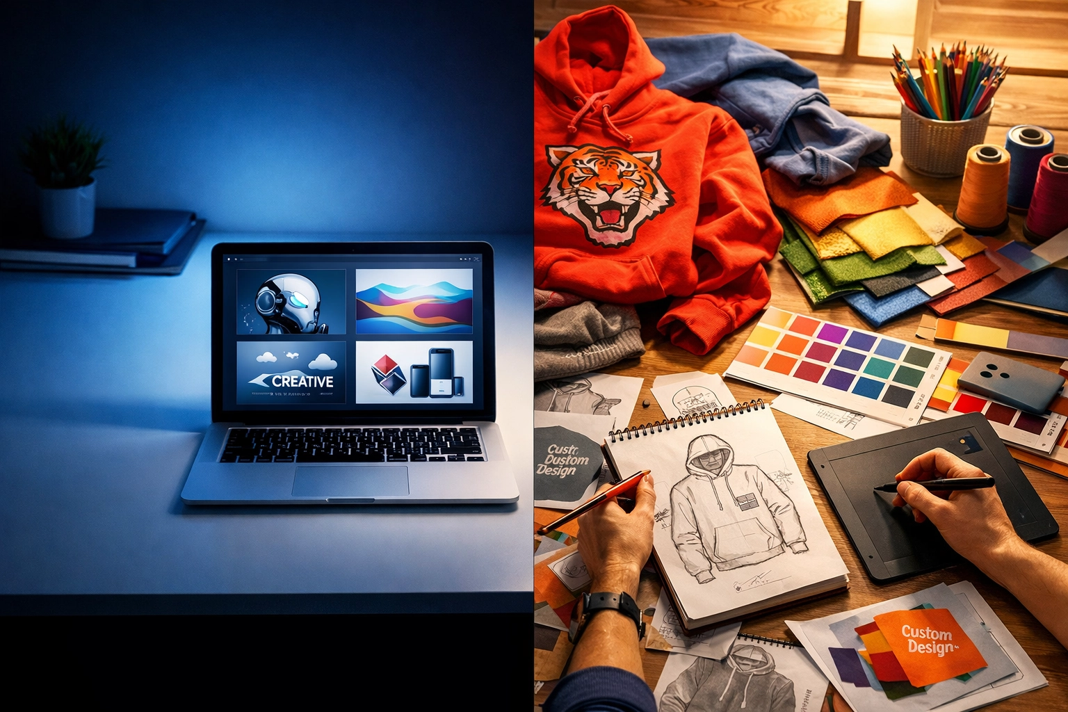 Comparison of AI automation workspace versus hands-on custom printing design workspace