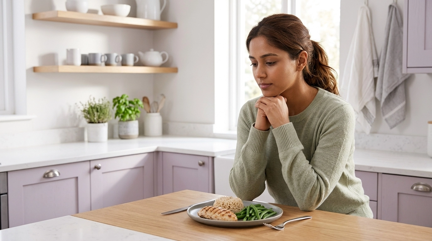 A thoughtful adult sitting in a sunlit kitchen, looking at a simple plate of food in a calm, neutral atmosphere