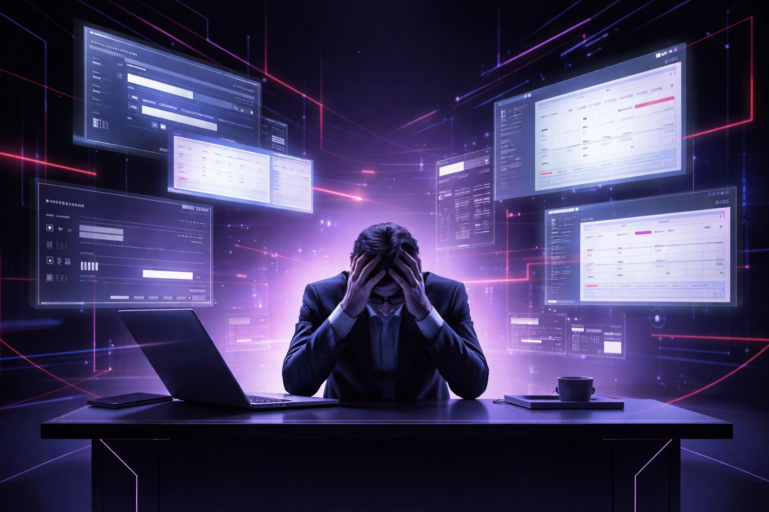 Overwhelmed business owner surrounded by digital workflow icons showing manual tasks before automation