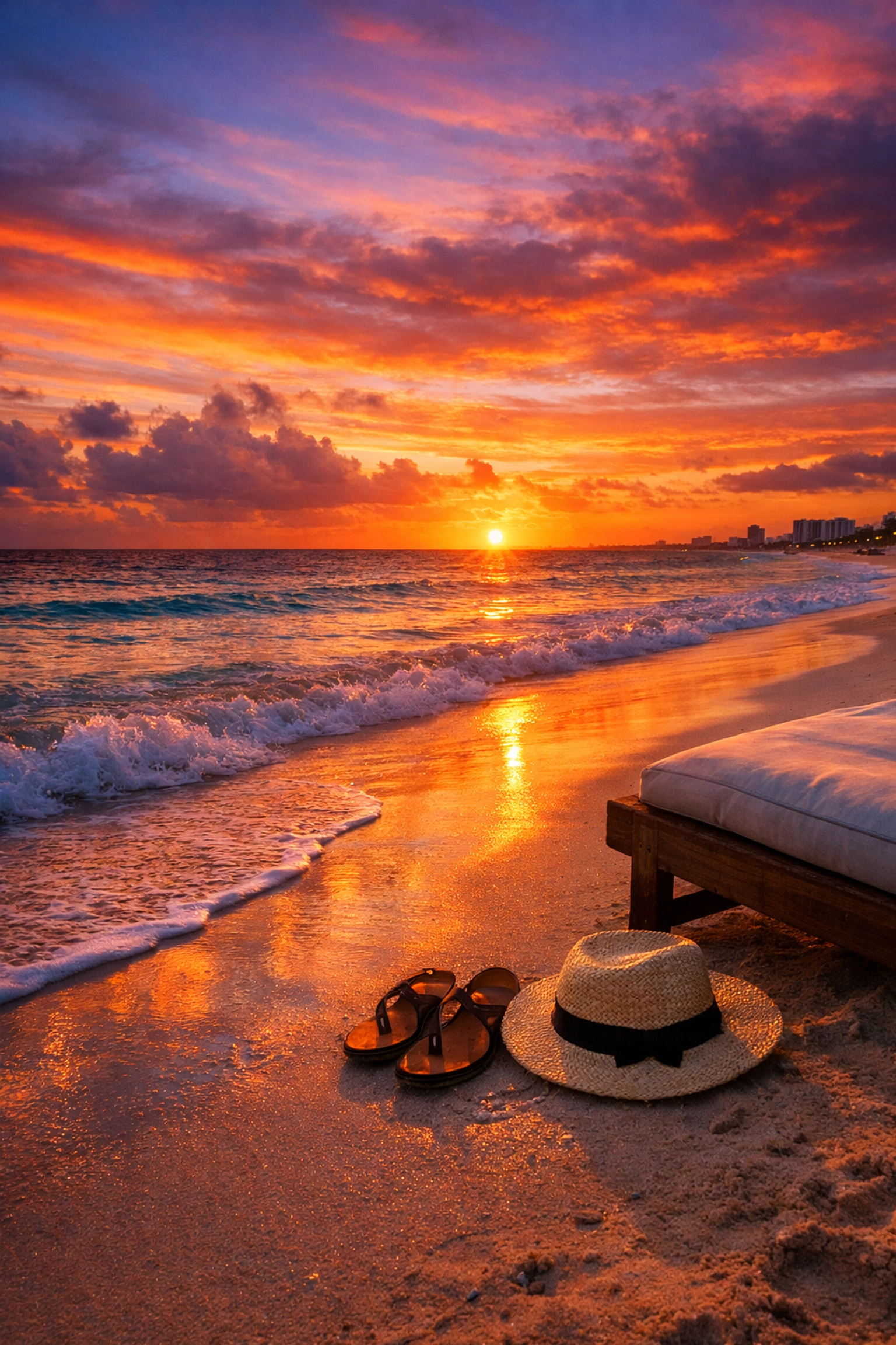 Vibrant sunset on a Cancun beach with a lounge chair and sun hat on the sand.