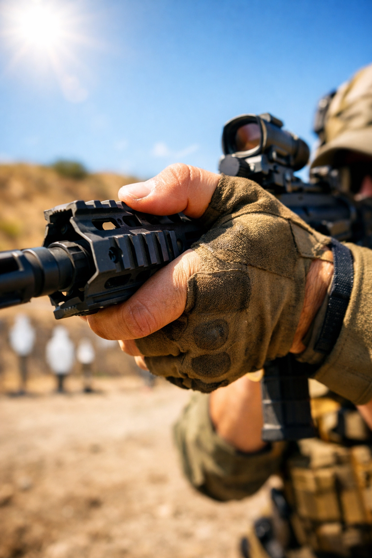 Shooter demonstrating a firm C-clamp grip on an AR-15 for better control and faster follow-up shots.