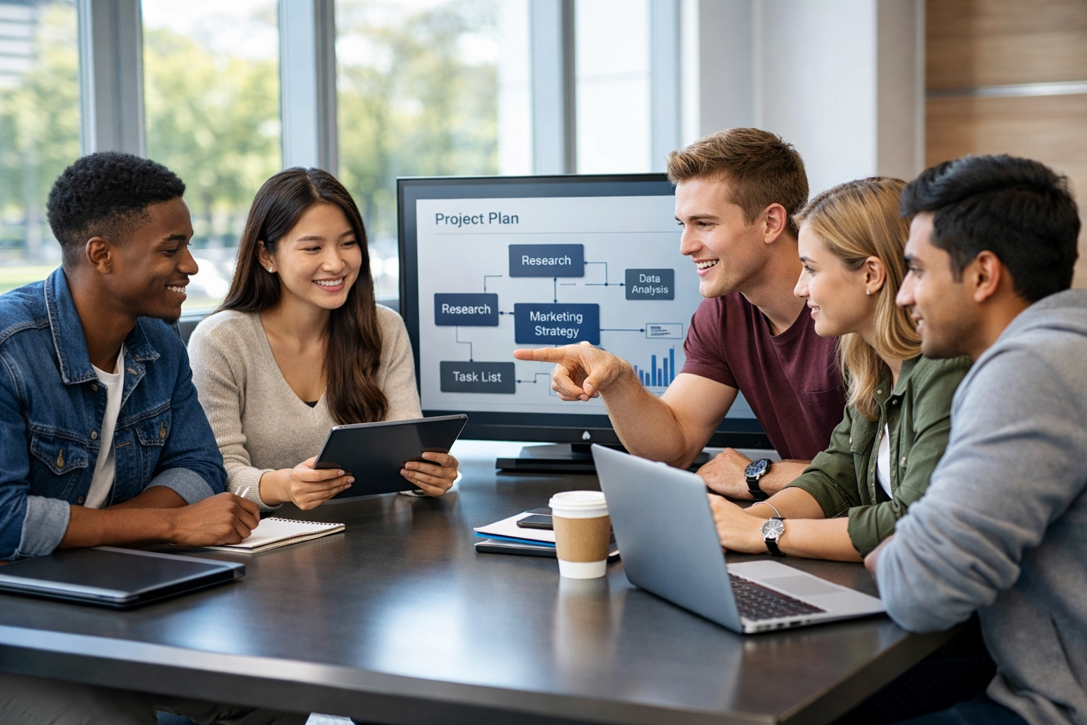 Students collaborating with laptops and tablets in modern digital learning environment