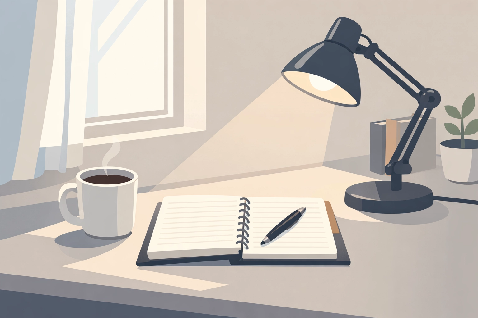 Empty creative workspace with notebook and coffee representing the quiet moment before inspiration begins