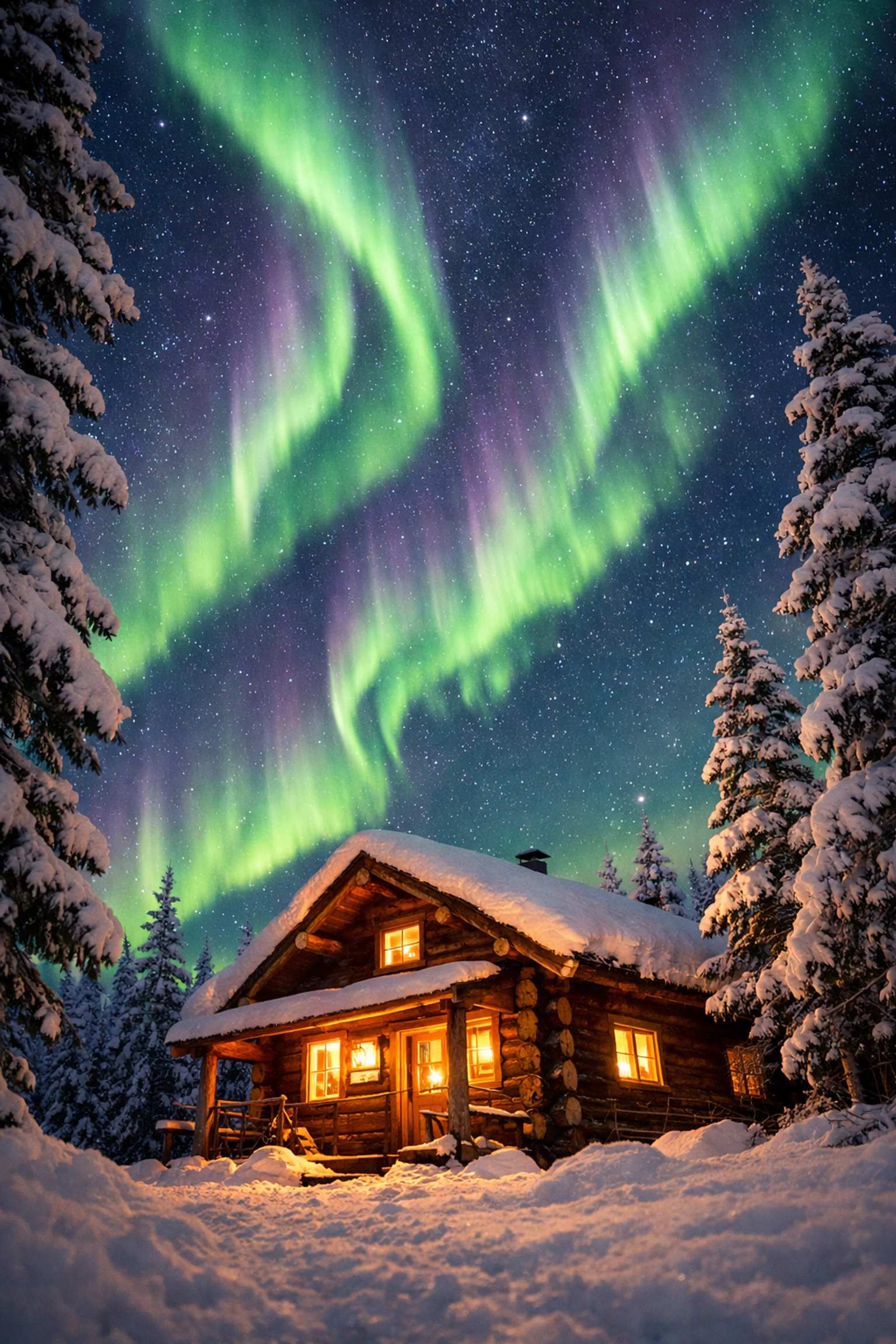Stunning Northern Lights dancing over a snow-covered cabin in Alaska during a family vacation.