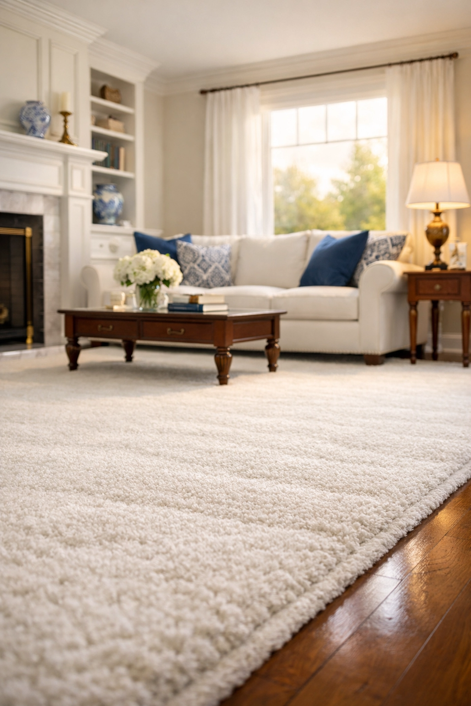 A spotless Belvidere home living room with vacuumed carpets, emphasizing reliable maid services Lowell.