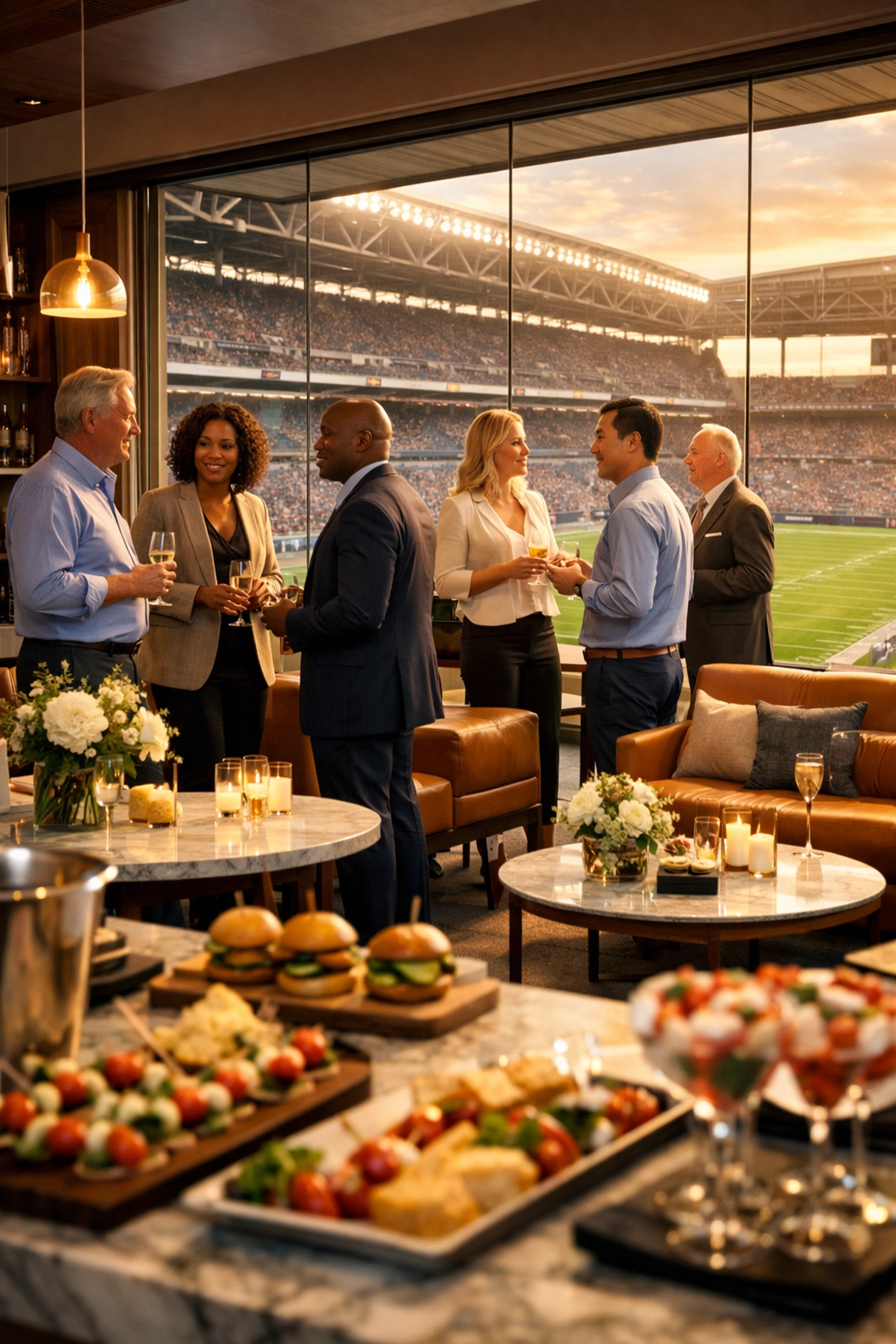 Executives networking in a luxury Super Bowl hospitality suite with views of the stadium.