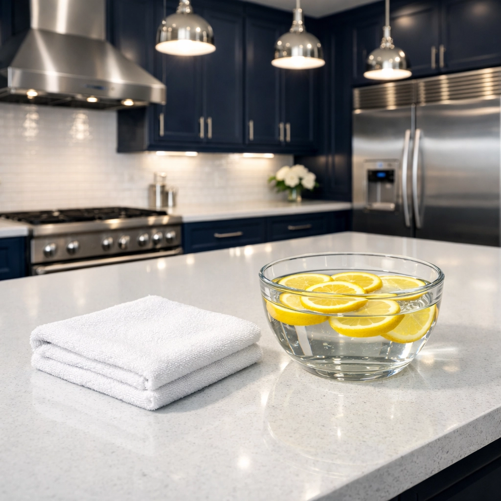 Eco-friendly kitchen cleaning tools with lemon and microfiber cloth on a quartz countertop.