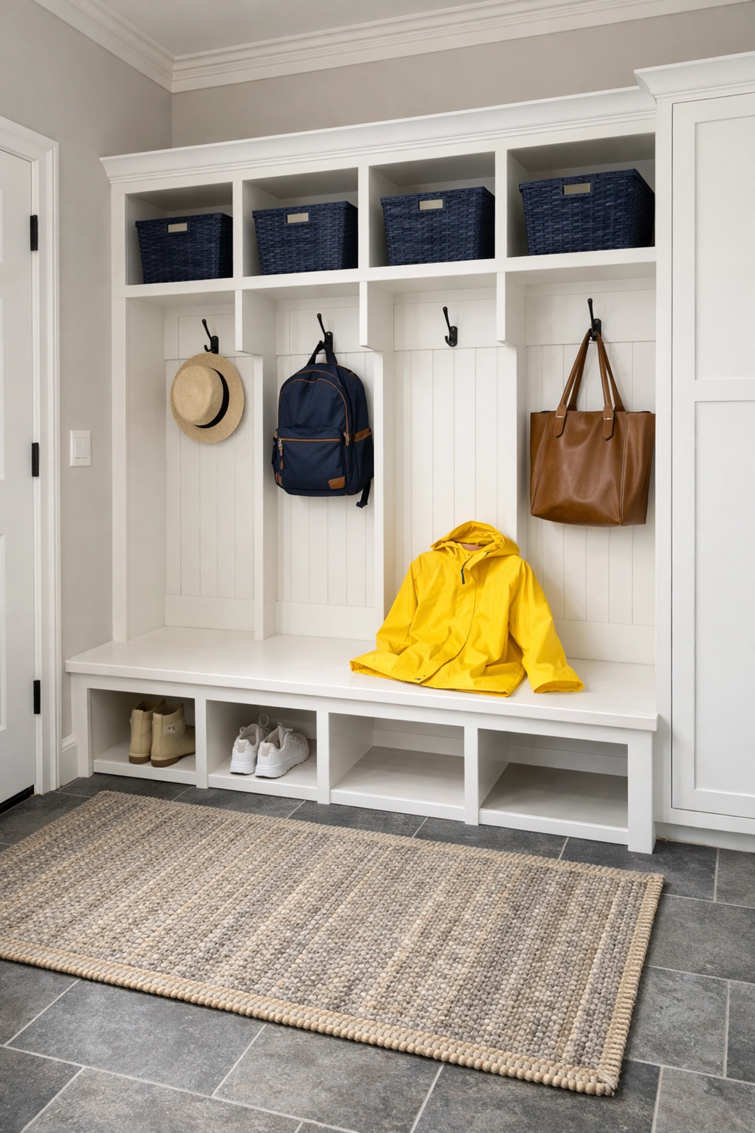 Organized and clean mudroom in a MetroWest home showing the results of regular bi-weekly house cleaning.