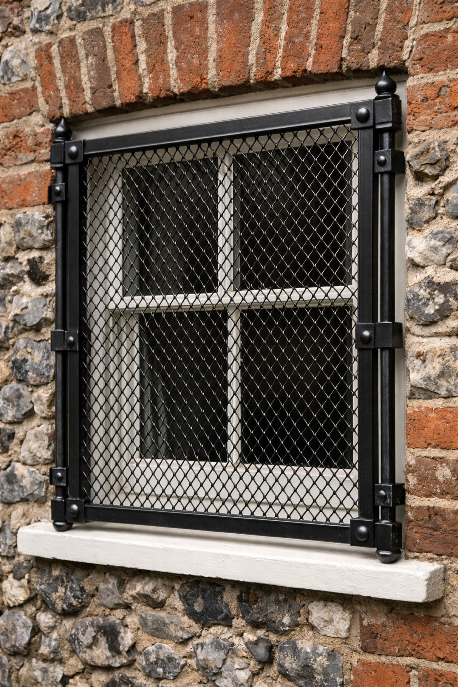 Bespoke black security mesh grille installed on a historic Hampshire property sash window for discreet protection.