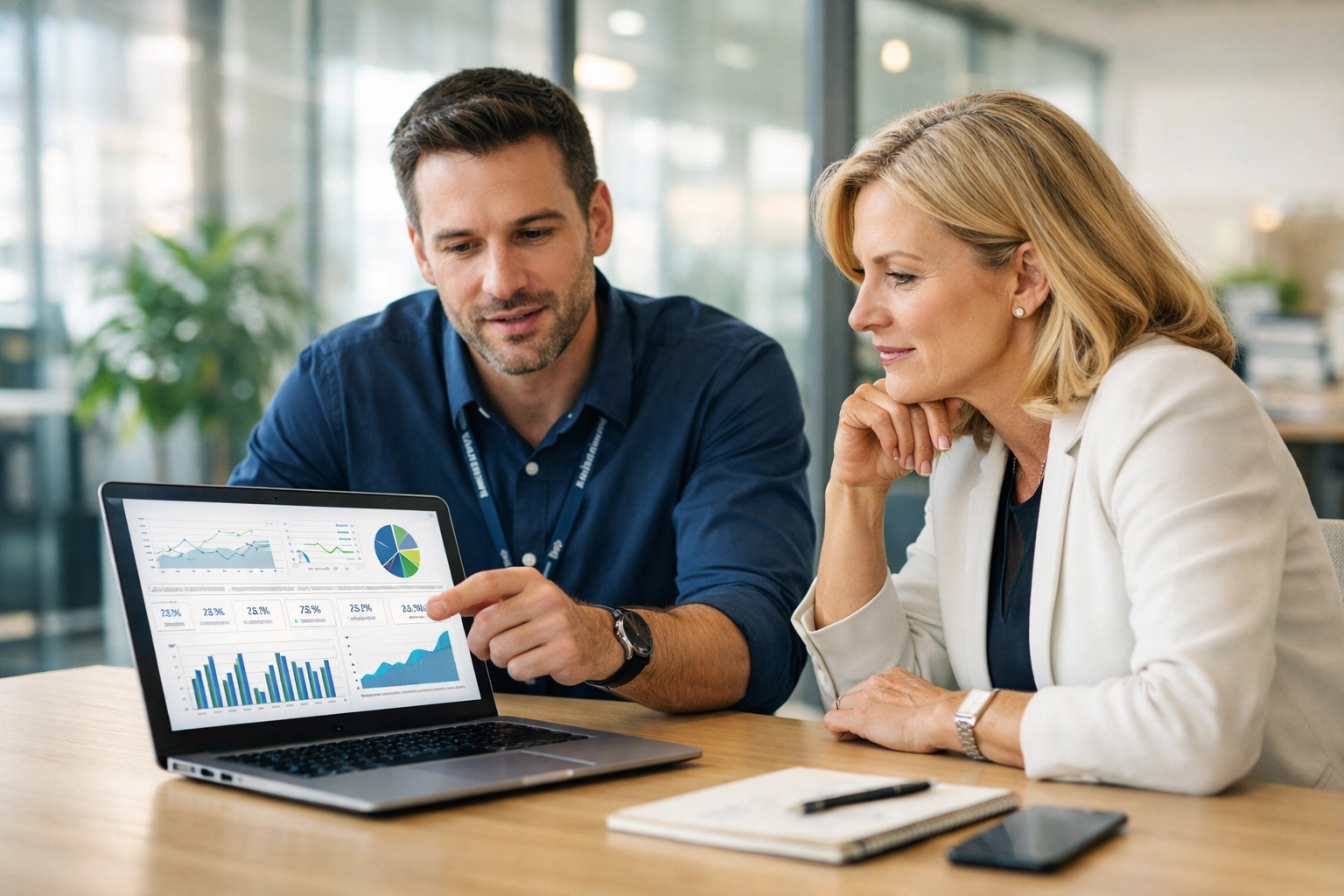 ServiceNow consultant and executive analyzing data charts for integrated GDPR and DORA compliance in a modern office.