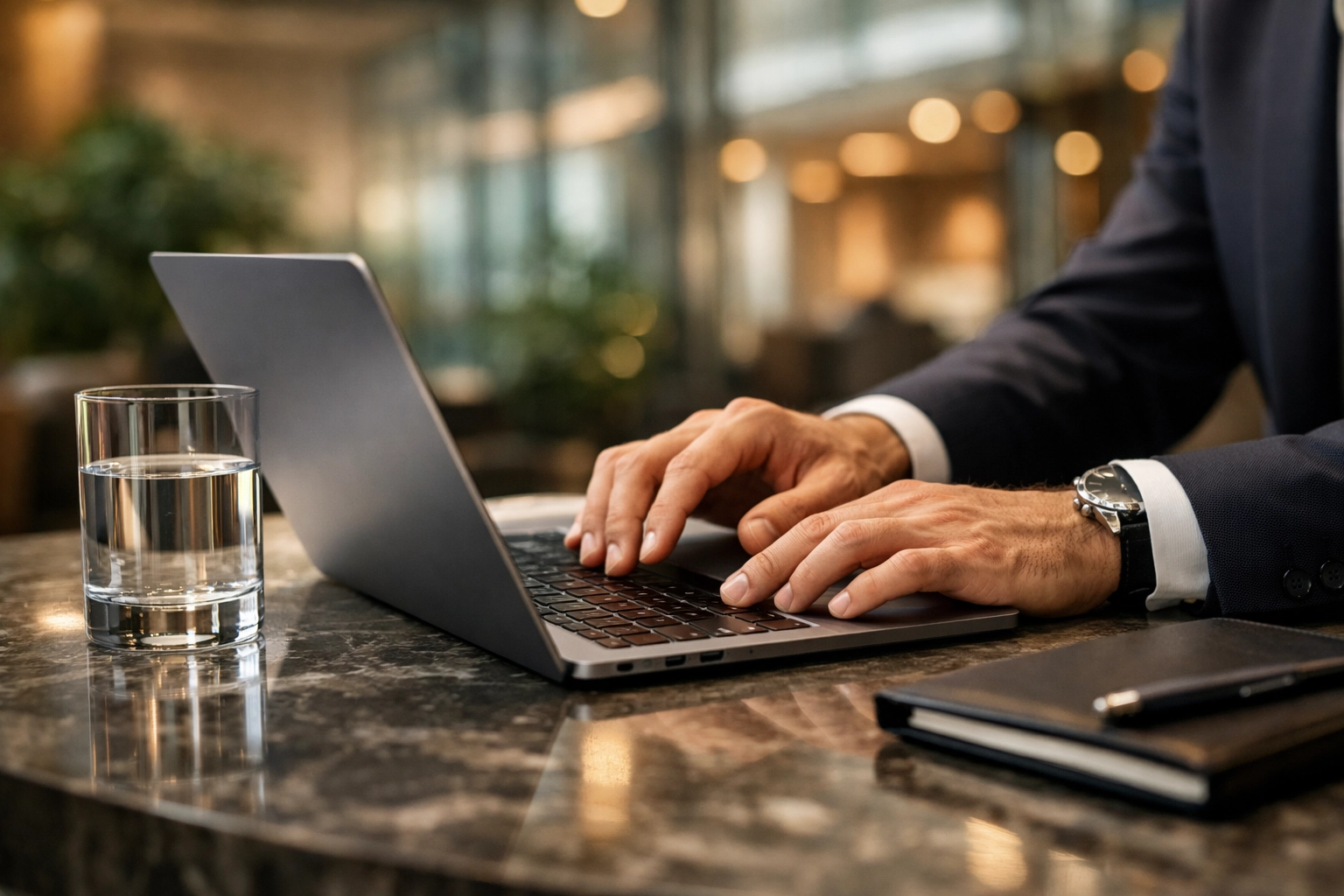 Close-up of a professional using a laptop to monitor real-time data and strategic media innovation performance.