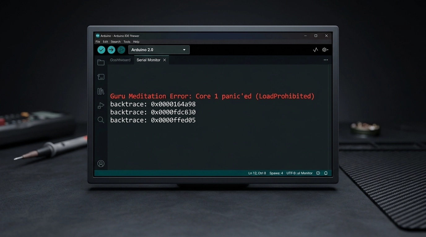 Arduino IDE Serial Monitor showing a Guru Meditation Error