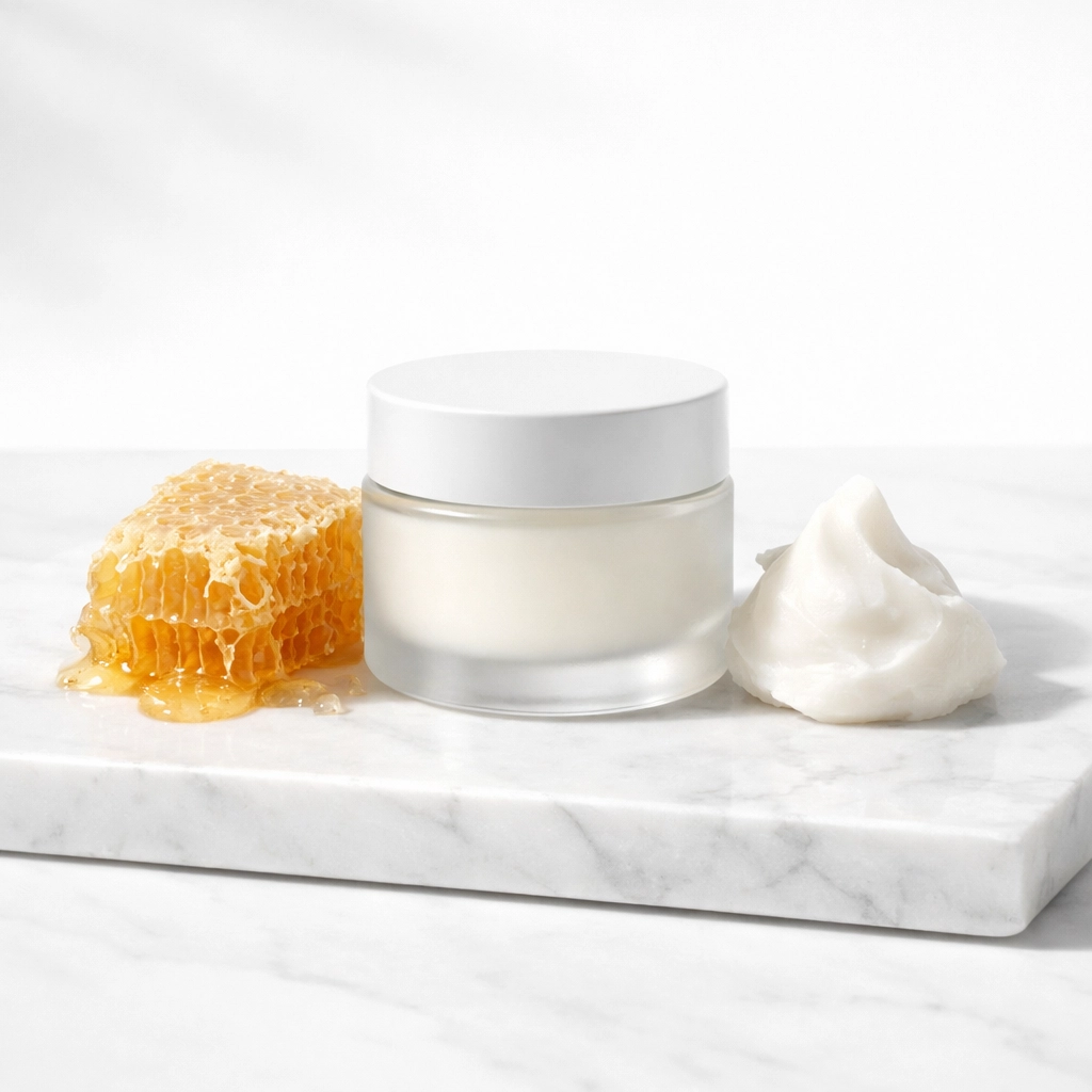 Minimalist jar of NECTR tallow and honey balm next to raw natural ingredients on a marble surface.