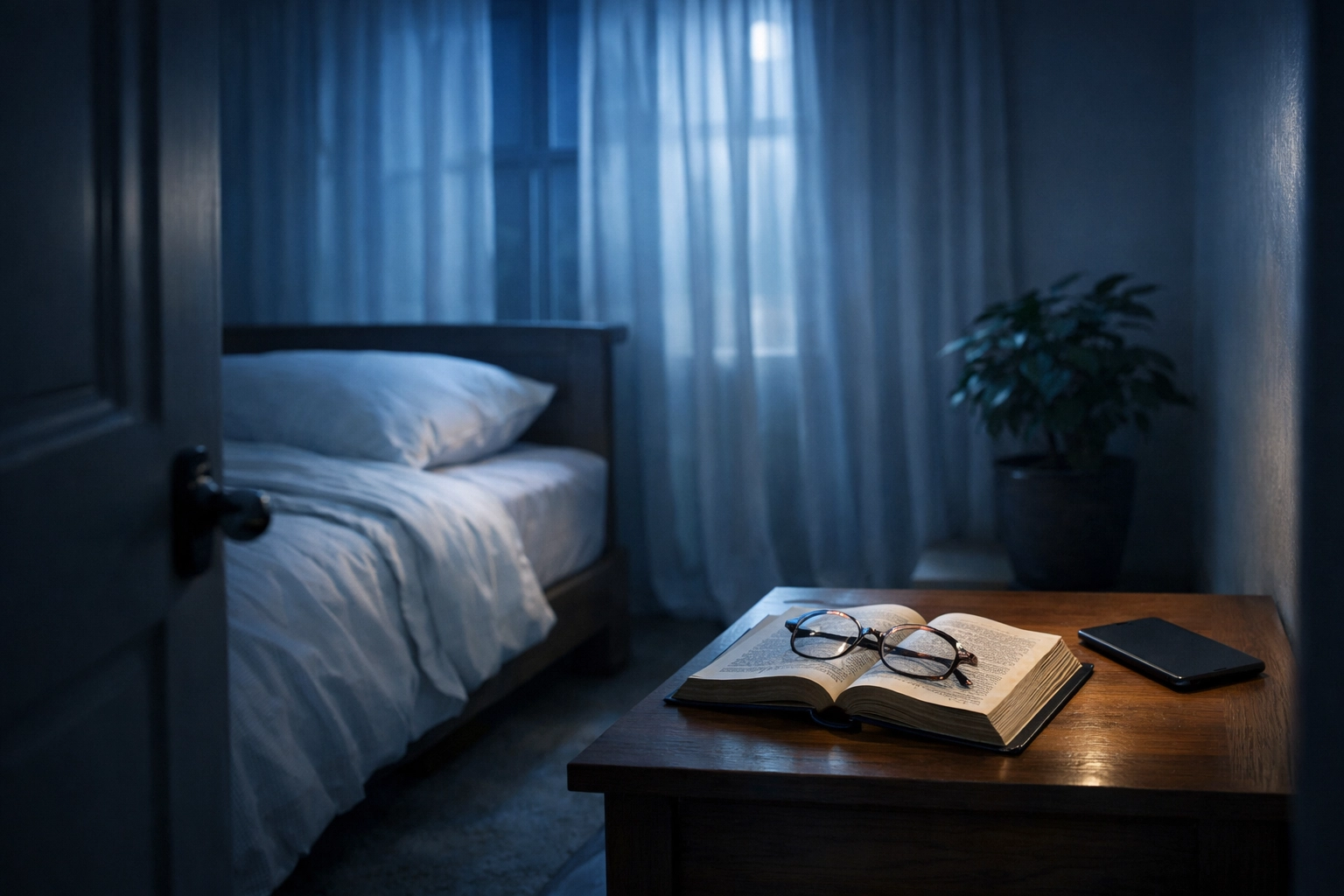 Tranquil bedroom with phone set aside and Bible for peaceful sleep without news anxiety