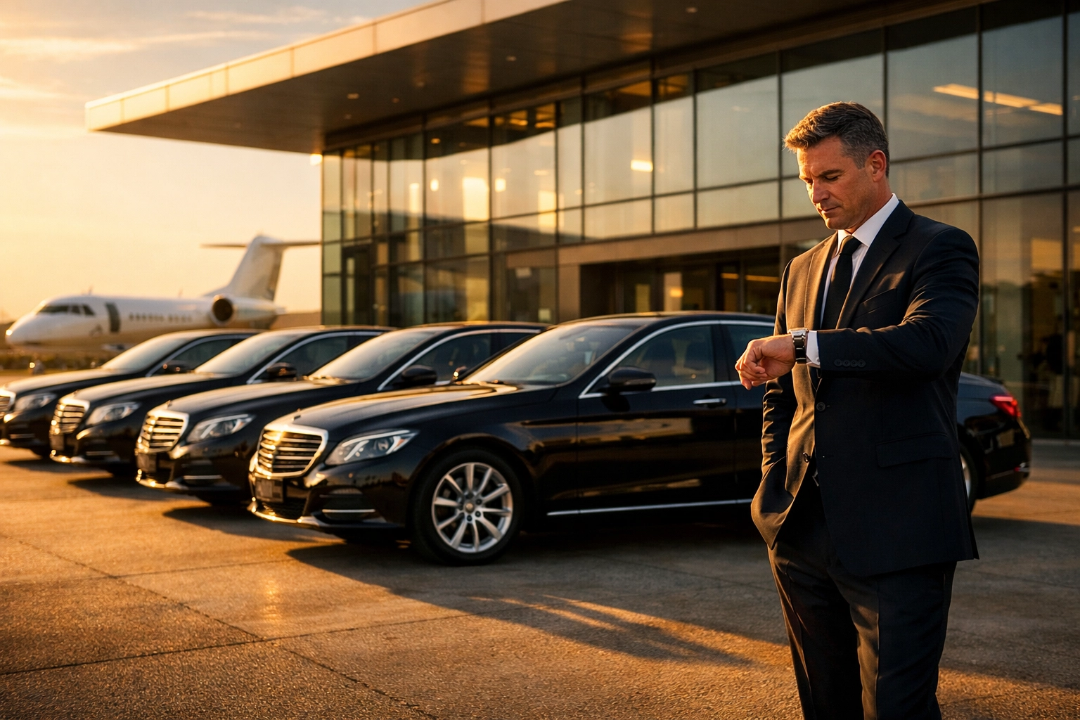 Luxury black sedans lined up for Super Bowl logistics management and professional corporate travel.