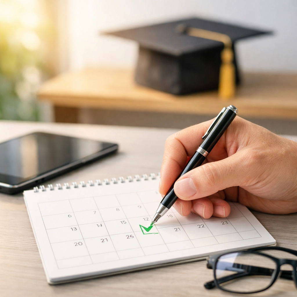 A hand checking a calendar next to a graduation cap, representing progress toward a degree.