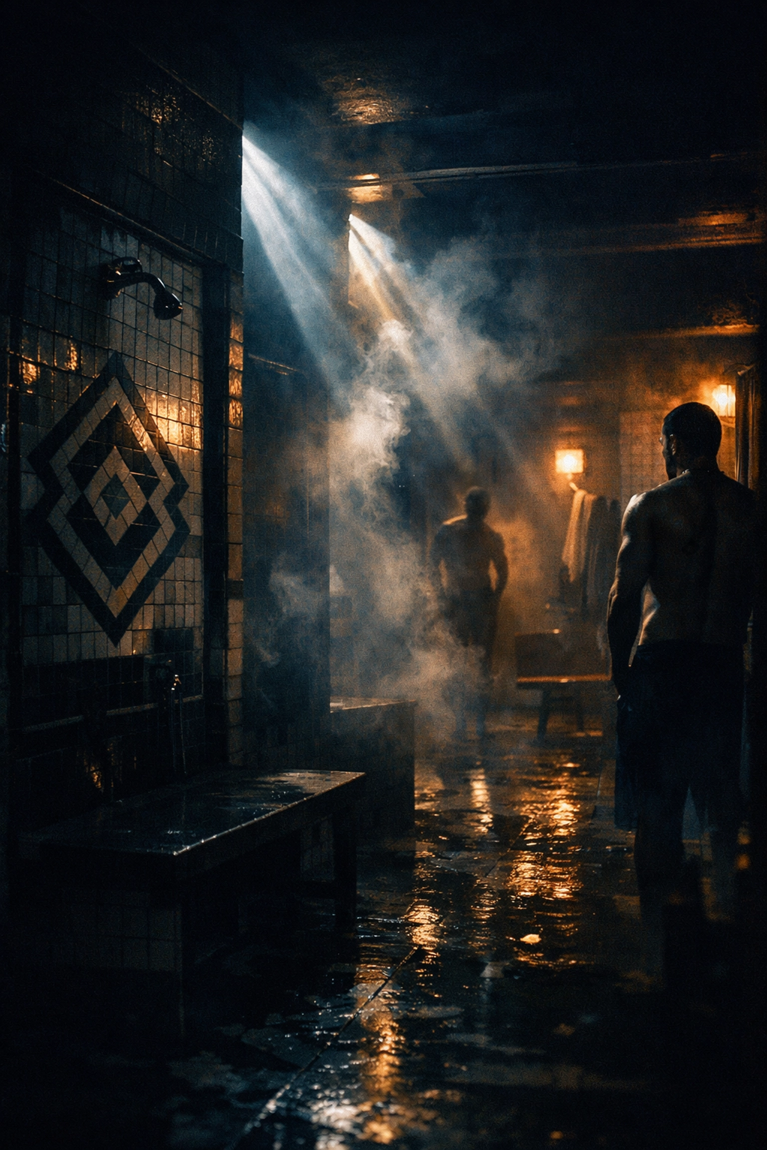 Atmospheric gay bathhouse interior from Bath Haus psychological thriller setting