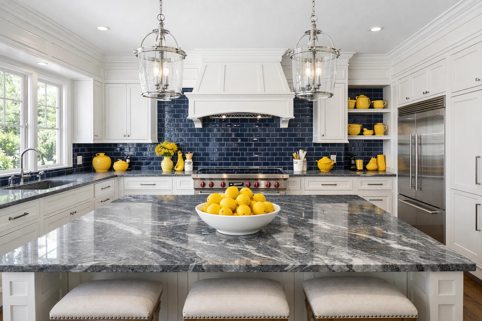Pristine Lynnfield kitchen with marble countertops showcasing luxury house cleaning standards.