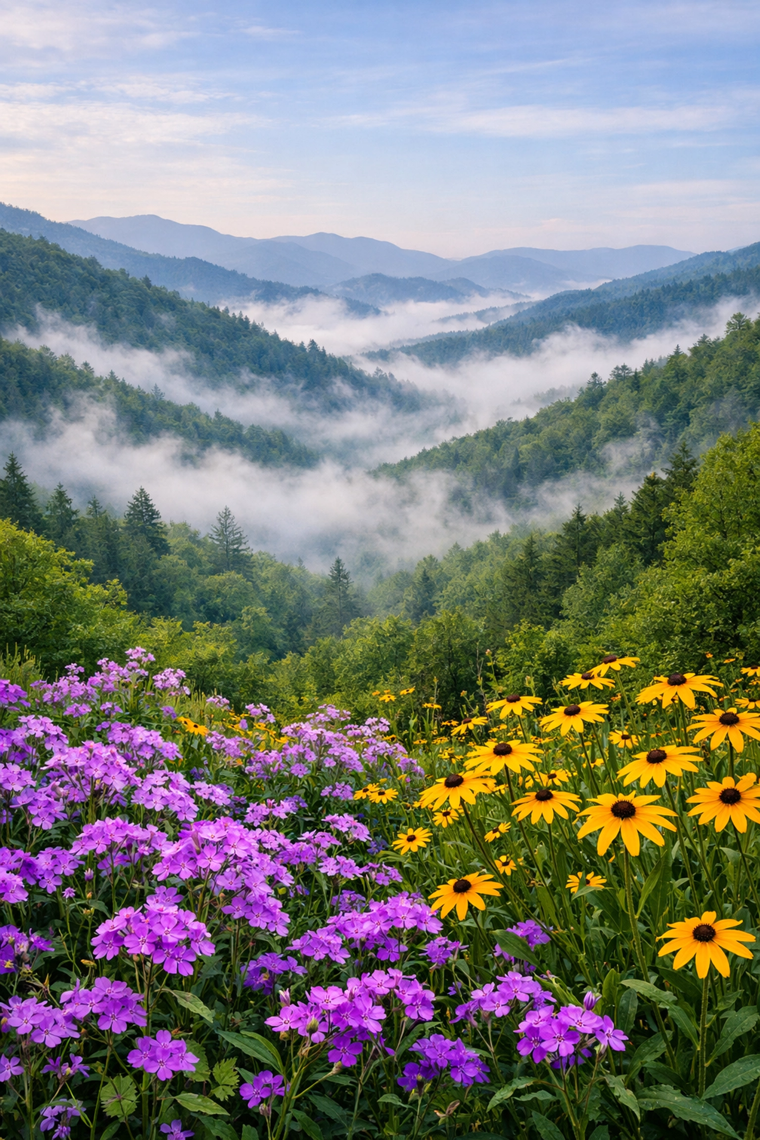Morning mist and spring wildflowers in the Great Smoky Mountains National Park.