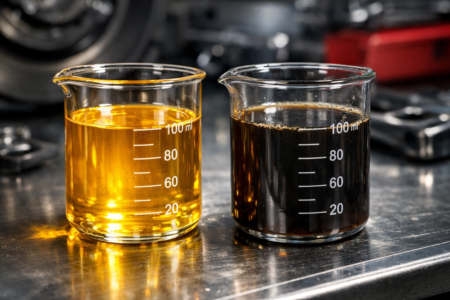 Comparison of clean and dirty brake fluid at a Pauls Valley auto repair shop.