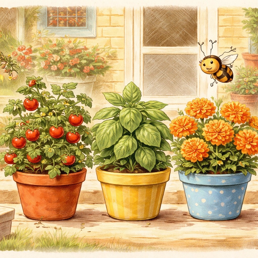 Friendly tomato, basil, and marigold plants growing as companions in cheerful pots on a welcoming family porch