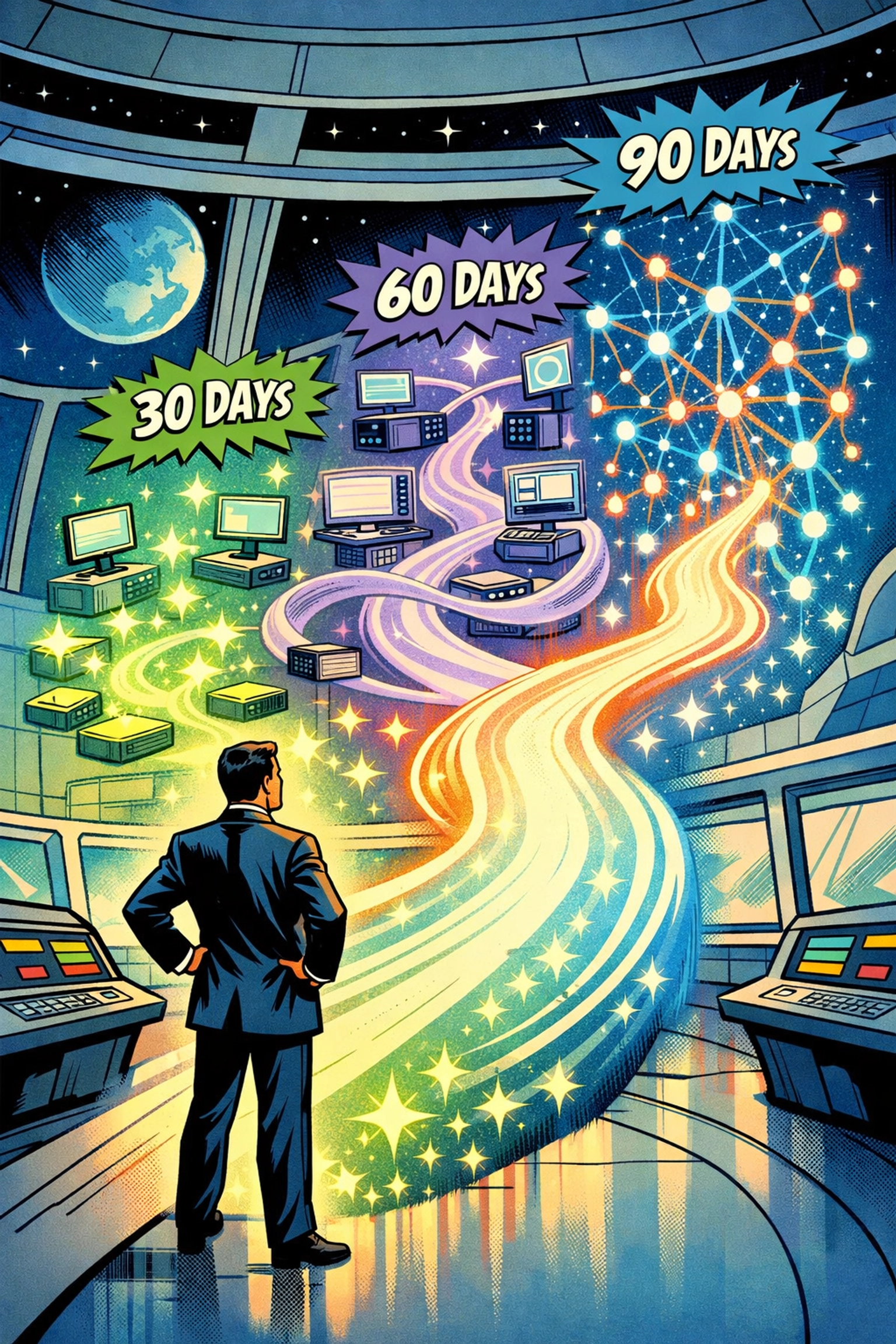 90-day AI transformation timeline for enterprise CROs showing three implementation phases