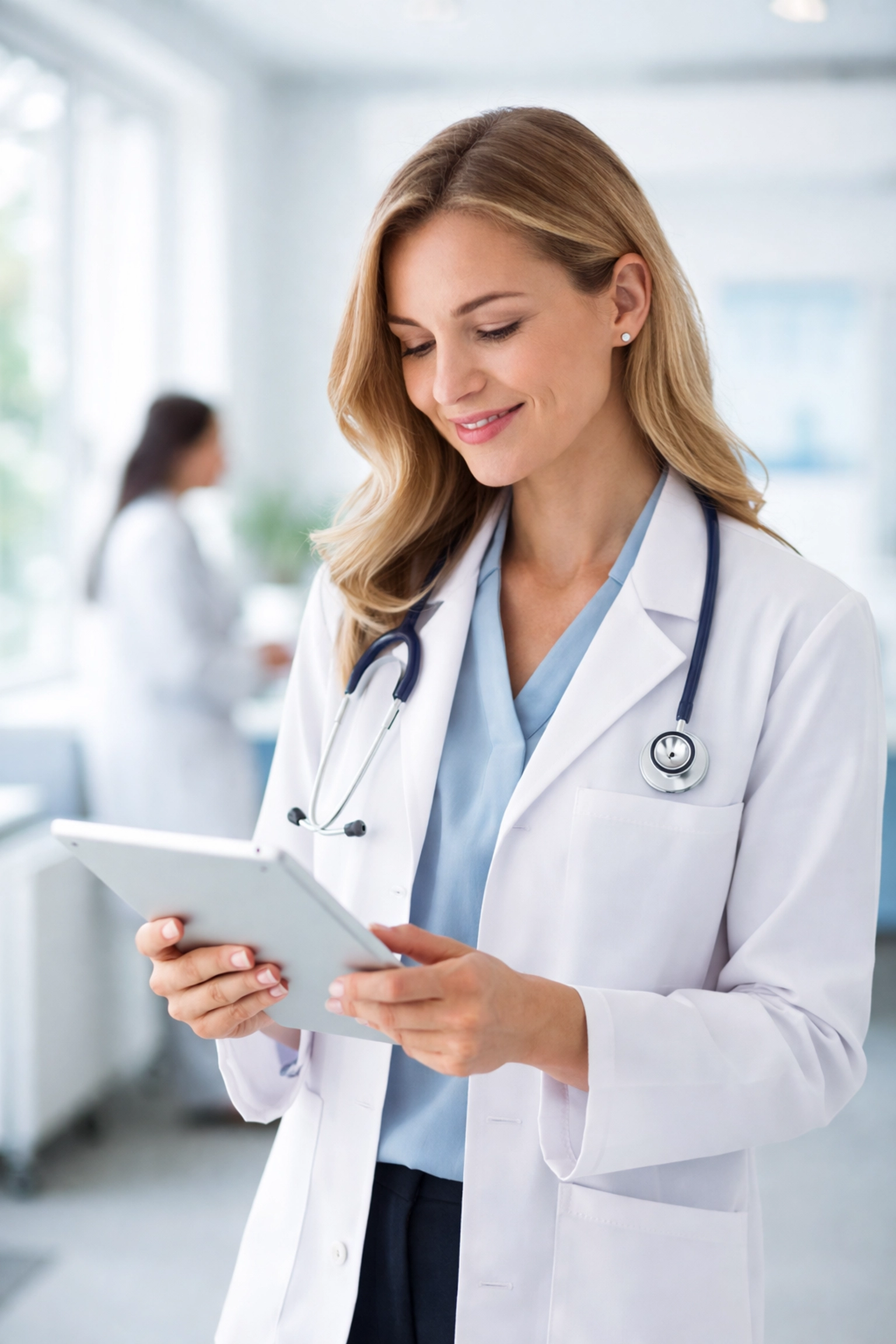 Healthcare provider using AI clinical documentation on tablet, enjoying more time with patients
