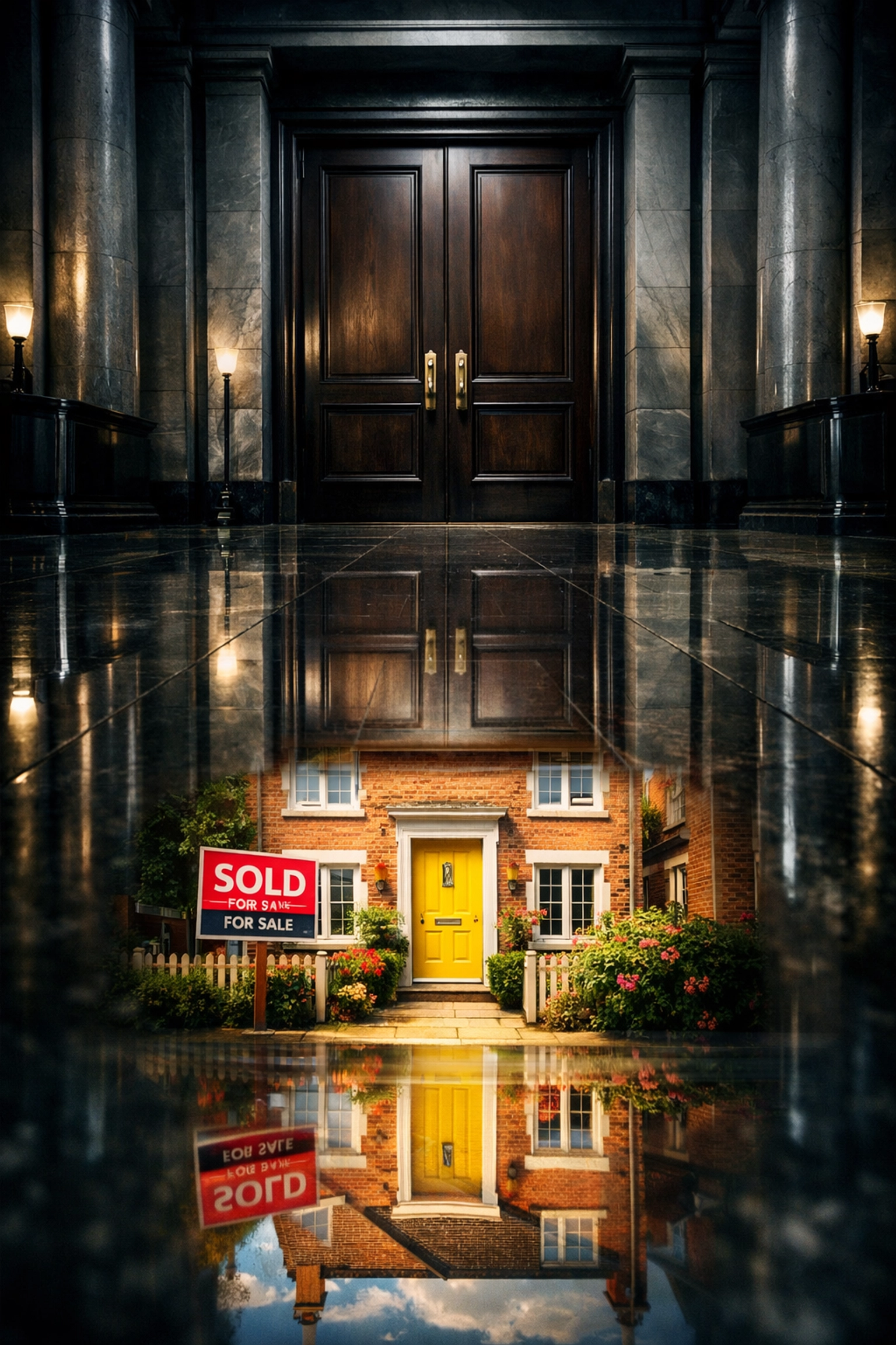 Closed bank doors reflecting a UK home, symbolizing expat mortgage rejections from high street lenders.