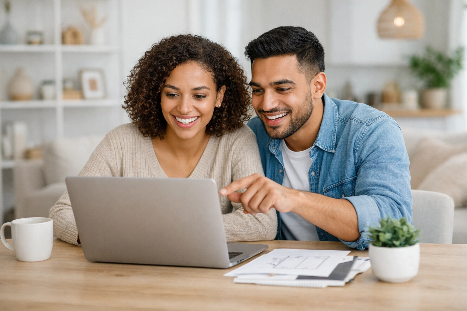 A young couple excitedly planning their new home purchase at Post Oak near Dallas.